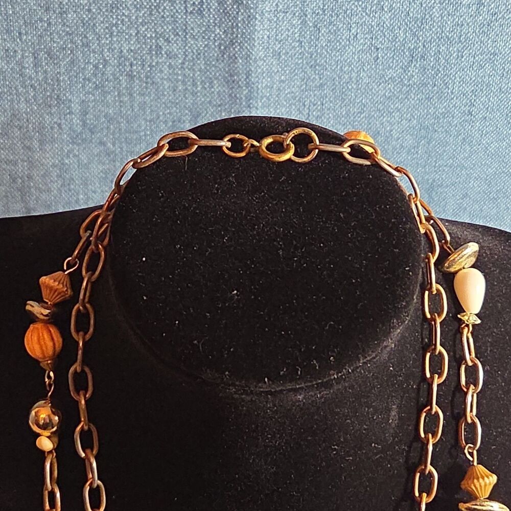 Earth Tone Bead Coppertone Chain Necklace Boho 70s Vibe - Picture 6 of 16